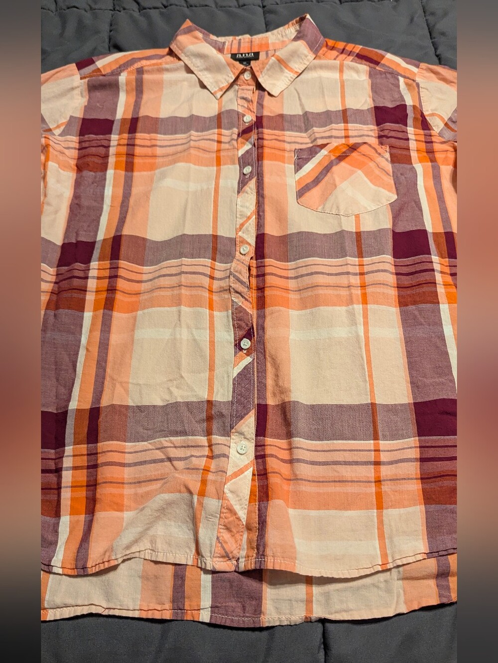 a.n.a Orange, Peach & Burgundy Plaid Button-Down Light Weight Shirt Size XL
